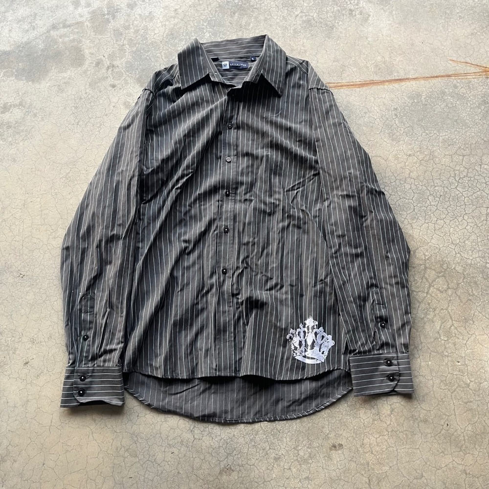 Level Ten Mens XL Pinstripe Button Down Shirt Grey Graphic Winged Crest Y2K